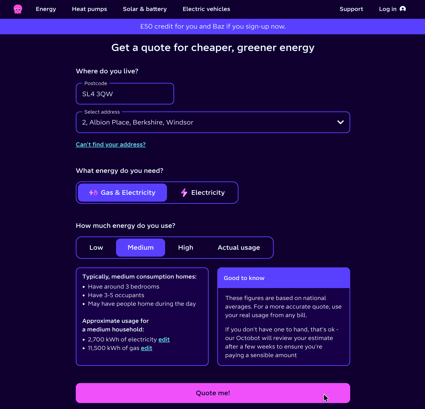Octopus Energy address selection and energy usage screen