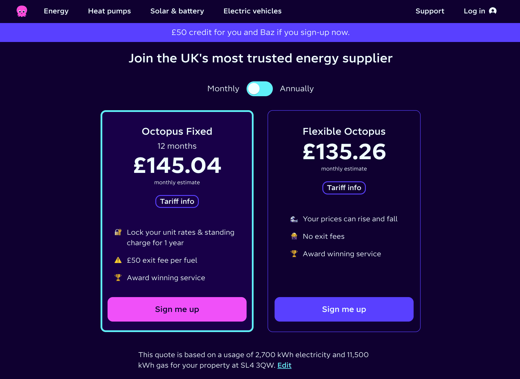 Octopus Energy quote screen with tariff picker showing monthly direct debit estimate