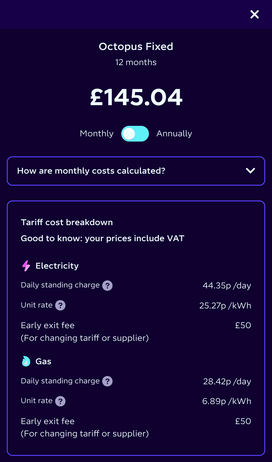 Octopus Energy tariff details screen showing unit rate, standing charge, and contract terms
