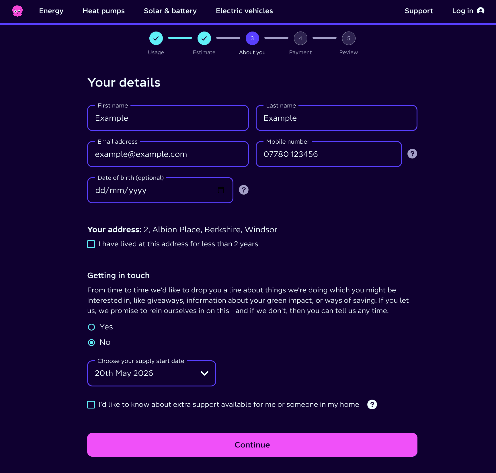 Octopus Energy personal details entry screen