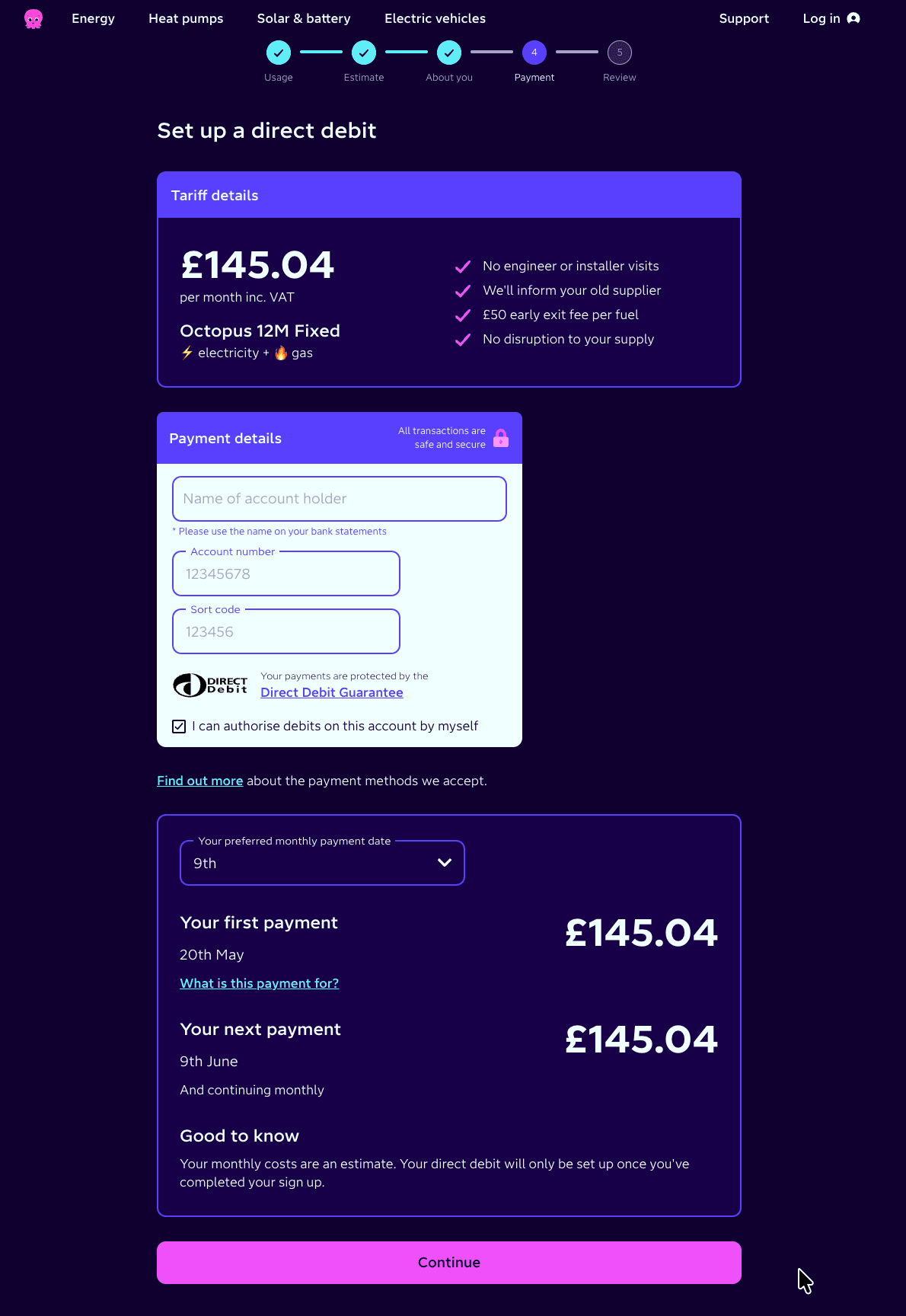 Octopus Energy direct debit details entry screen
