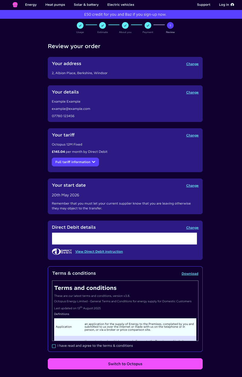Octopus Energy final review screen with confirm and switch button