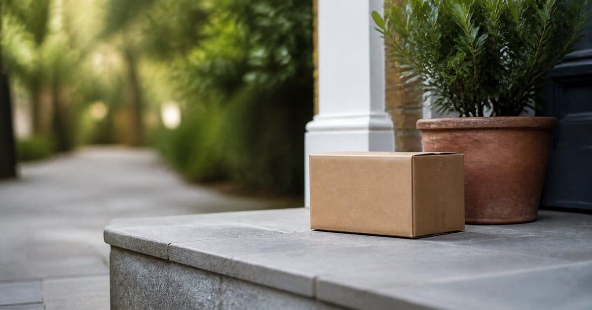 a cardboard parcel left on a grey stone doorstep beside a potted bay tree
