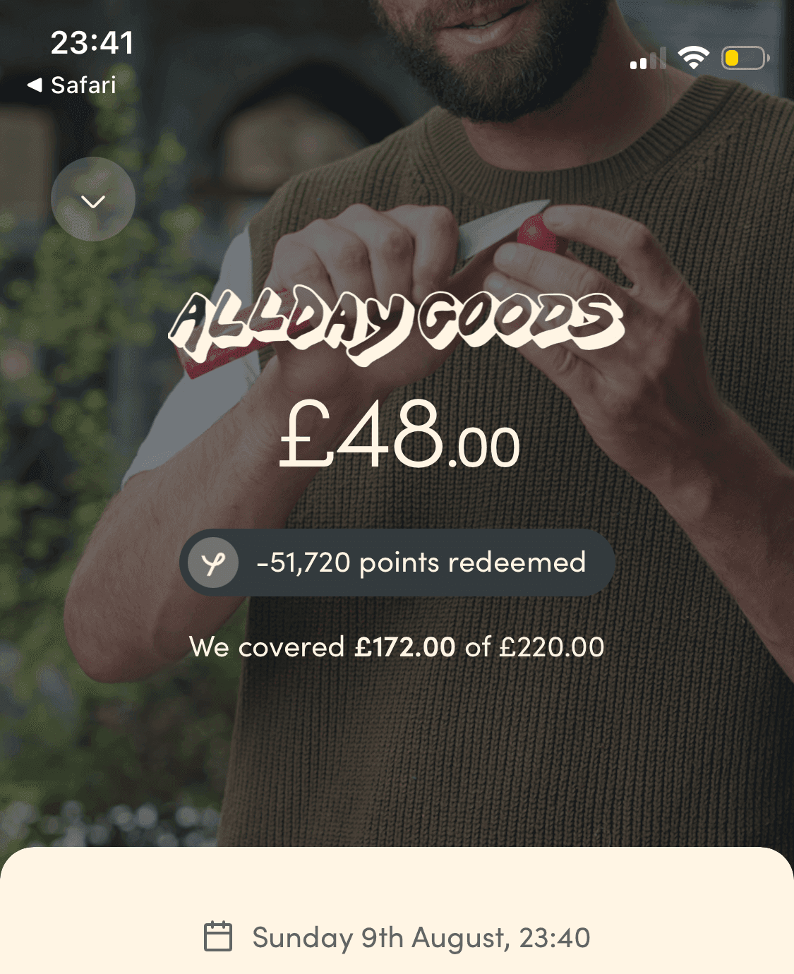 Yonder app transaction screen for Allday Goods showing £48.00 charged, 51,720 points redeemed, and the note that Yonder covered £172.00 of £220.00, dated Sunday 9 August