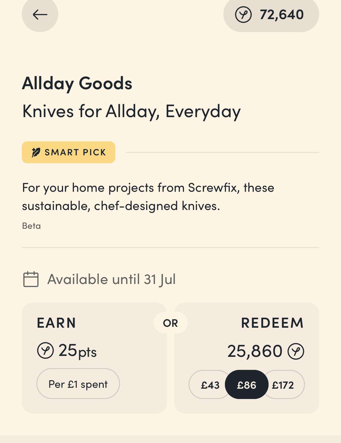 Yonder app reward page for Allday Goods knives, tagged Smart Pick, showing an earn rate of 25 points per £1 or redemption tiers of £43, £86 and £172 for 25,860 points