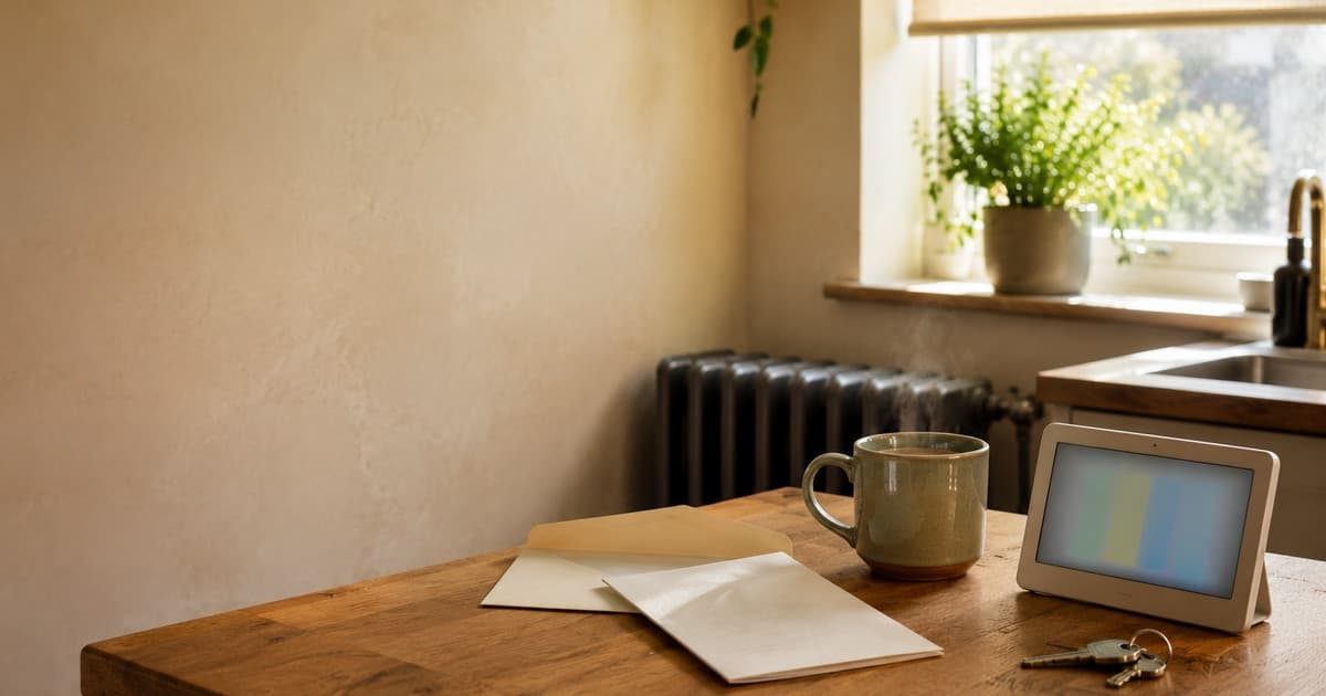 an opened envelope and a steaming mug on a kitchen table beside a smart meter display